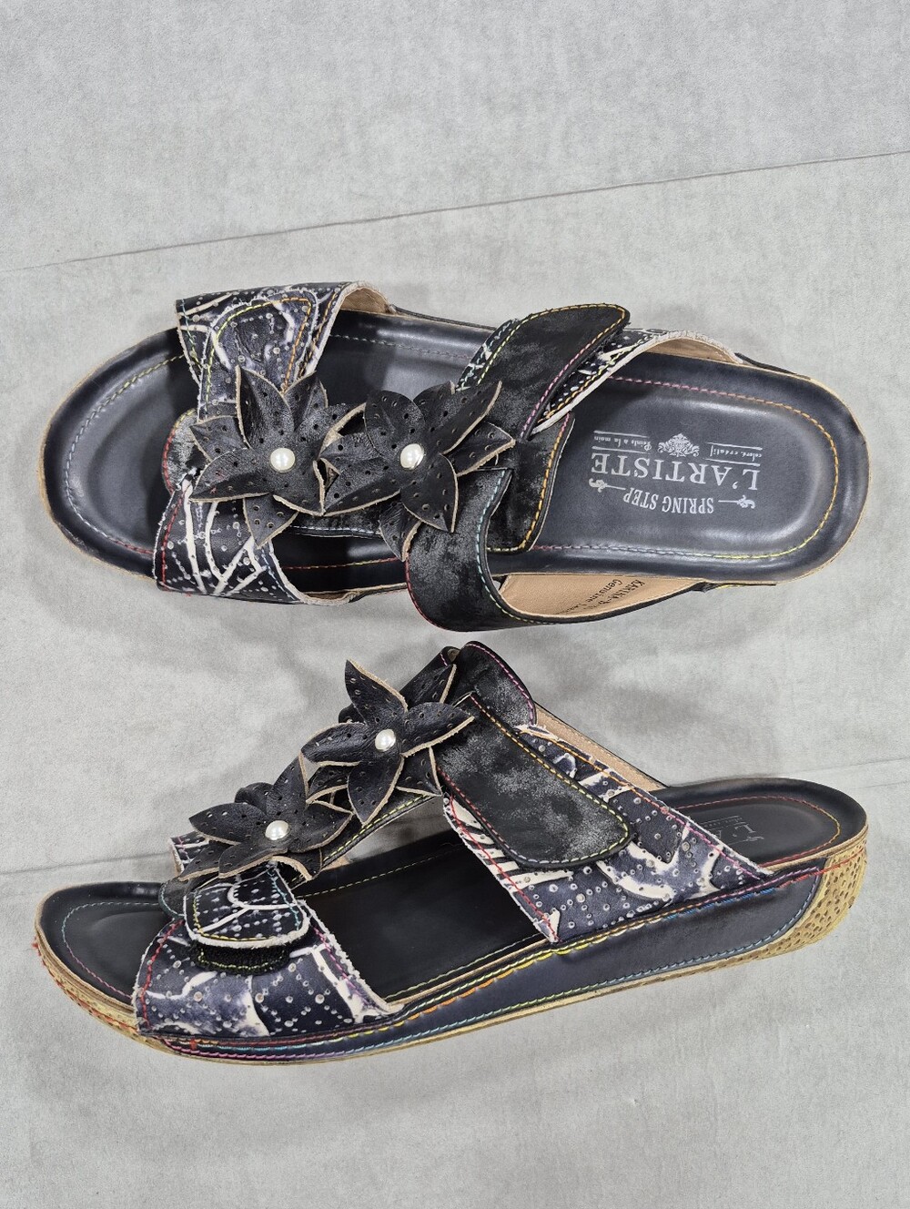 Spring Step Karina L' Artiste slide sandal women's 41 US 10 black flowers Boho